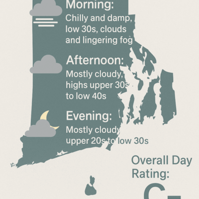 Weather forecast showing temperatures and conditions for morning and afternoon.