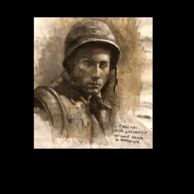 A sepia-toned portrait of a soldier in helmet, looking solemnly ahead.