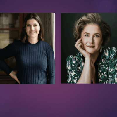 Two women posing for portraits against a purple background.