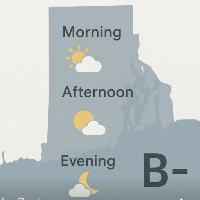 Weather forecast showing morning clouds, afternoon sun, evening clouds with a B- grade.
