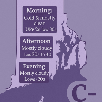 Weather forecast for a day with morning cold, afternoon and evening mostly cloudy skies.