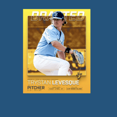Baseball pitcher Trystan Levesque in action against a yellow background.