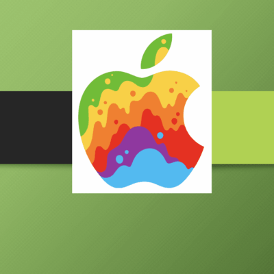 Colorful retro Apple logo with a dripping paint effect on a green background.