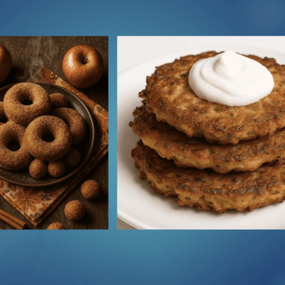 Freshly baked apple cider donuts and crispy potato latkes with sour cream.