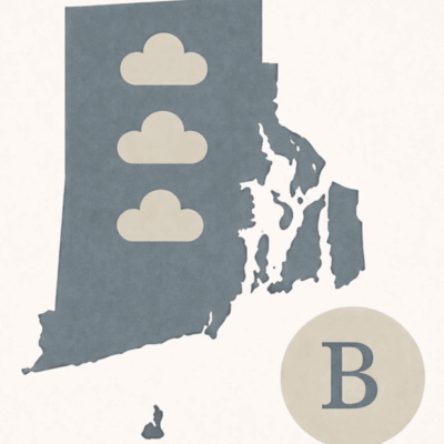 Rhode Island silhouette with cloud icons and a 'B' badge.