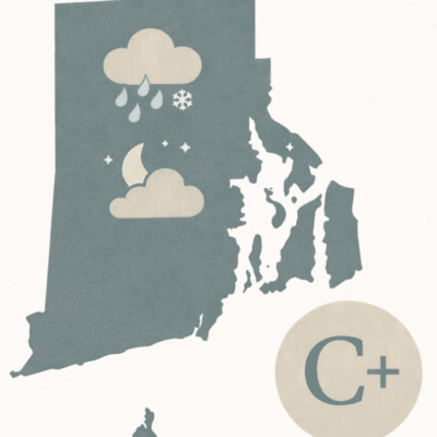 Weather forecast for Rhode Island showing rain and snow with a C+ grade.