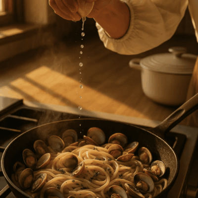 Person adding seasoning to clams cooking in a pan.