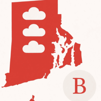 Illustration of Rhode Island with clouds and a 'B' symbol.