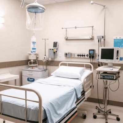 A clean, well-equipped hospital room with a bed and medical devices.