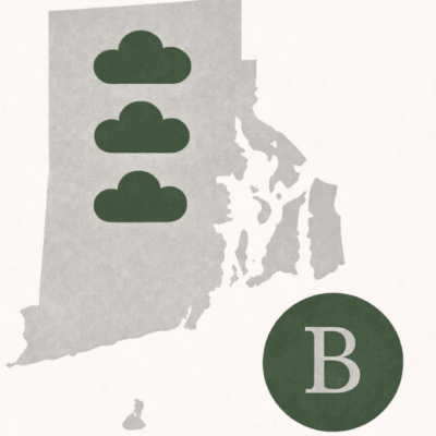 Stylized map of Rhode Island with green cloud shapes and a 'B' logo.