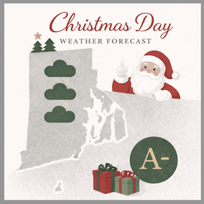 Santa Claus waves on a snowy Christmas Day forecast map.