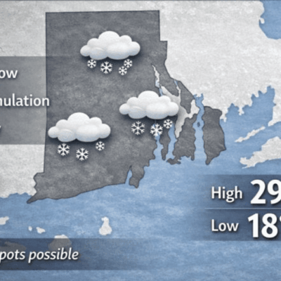Weather map showing snow and rain in parts of New England with highs of 29°F and lows of 18°F.