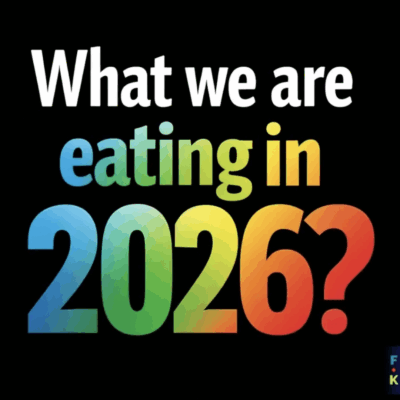 Colorful text asking about food in 2026 on black background.