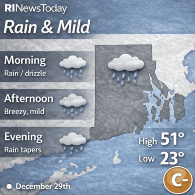 Weather forecast shows rain and mild temperatures throughout the day.