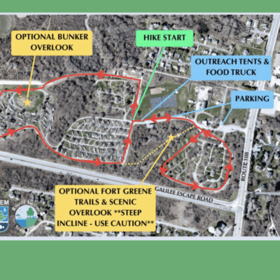 Map showing parking, start, and optional runner routes for an event.