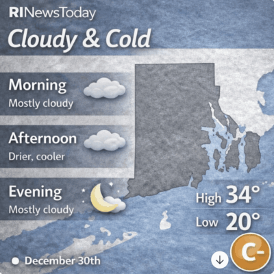 Weather forecast for RI: cloudy and cold with highs of 34°F and lows of 20°F on December 30th.