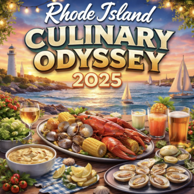 Rhode Island Culinary Odyssey 2025 poster with seafood and festive lights.
