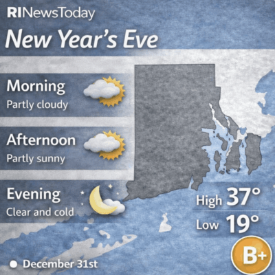 New Year's Eve weather: partly cloudy morning and afternoon, clear evening with highs of 37°F and lows of 19°F.