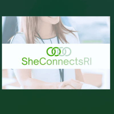 Logo of SheConnectsRI featuring green intertwined rings.