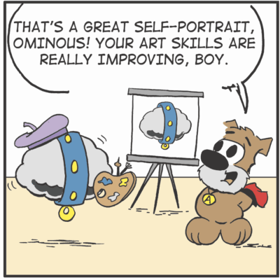 A paint palette praises a self-portrait painting with a dog and a skull.