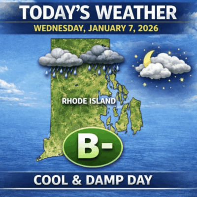 Rhode Island weather forecast: cool and damp with rain and clouds.