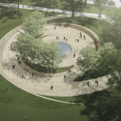 A spiral outdoor amphitheater with seating around a central water feature.
