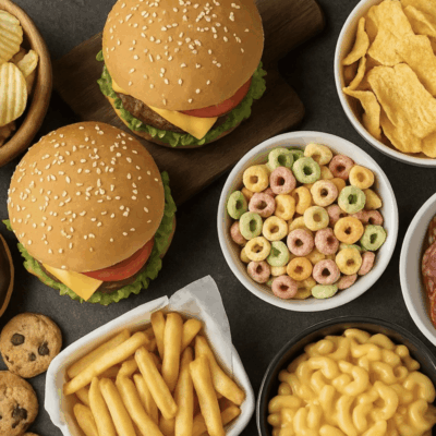 Two burgers with various snacks including fries, chips, and cereal.