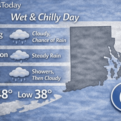 Weather map showing wet and chilly day with rain and clouds.