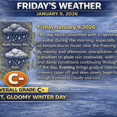 Weather forecast for Friday, January 9, 2026, with rain and snow expected.