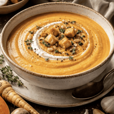 Creamy pumpkin soup garnished with herbs and croutons in a rustic bowl.