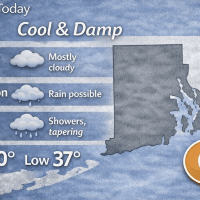 Weather forecast showing cool, damp conditions with showers in Connecticut.