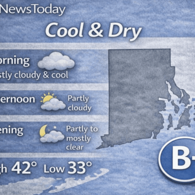 Weather forecast showing cloudy morning and partly cloudy afternoon in Connecticut.