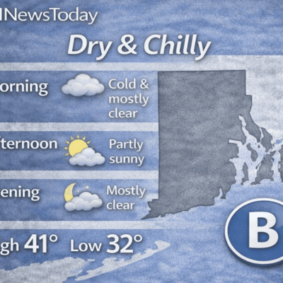 Weather forecast showing dry, chilly conditions with highs of 41°F and lows of 32°F.