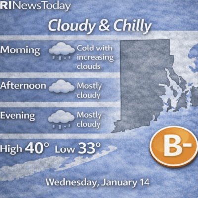 Weather forecast showing cloudy, chilly day with temperatures from 33°F to 40°F.