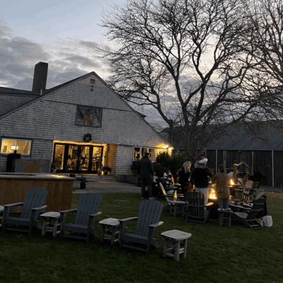 People gathered around a fire pit in a backyard at dusk.