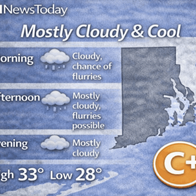 Weather forecast showing mostly cloudy and cool conditions with highs of 33°F and lows of 28°F.