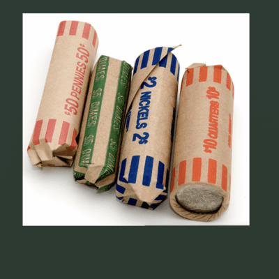 Four rolled coin wrappers in different colors labeled with various coin types.
