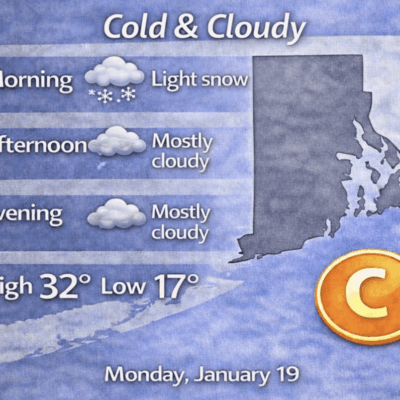 Weather map showing cold, cloudy conditions with light snow and temperatures around 32°F.
