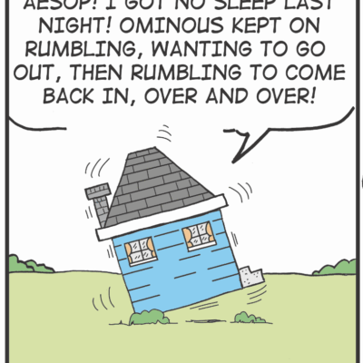 A cartoon house struggles and talks about sleepless nights and rumbling.