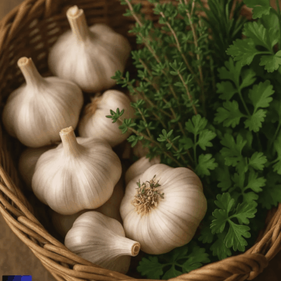 Basket of garlic bulbs with fresh green herbs.