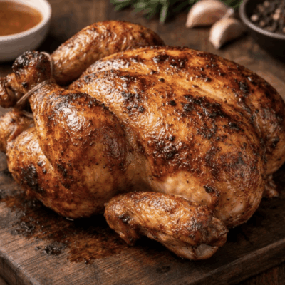 A perfectly roasted whole chicken with crispy skin on a wooden board.