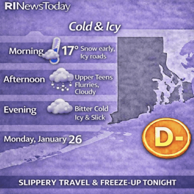 Weather forecast showing slippery travel and freeze-up tonight with icy conditions.