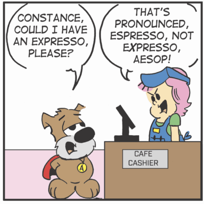 A dog orders an expresso at a café, corrected by the cashier.