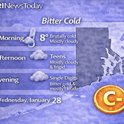 Weather forecast showing brutally cold temperatures with a C- grade.
