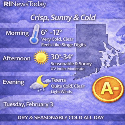Weather forecast: crisp, sunny, and cold with temperatures from 6°F to 34°F.