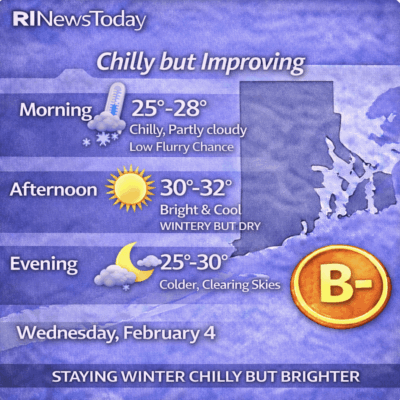 Weather forecast showing chilly morning and evening with a warm afternoon.