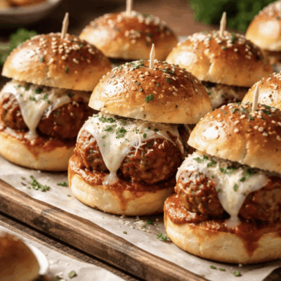 Delicious meatball sliders topped with melted cheese and fresh herbs.