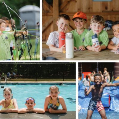 Kids enjoying archery, crafts, and swimming at summer camp.