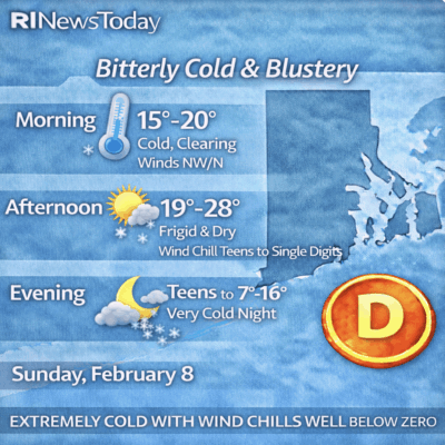 Weather forecast showing cold temperatures and windy conditions with a high-pressure system.