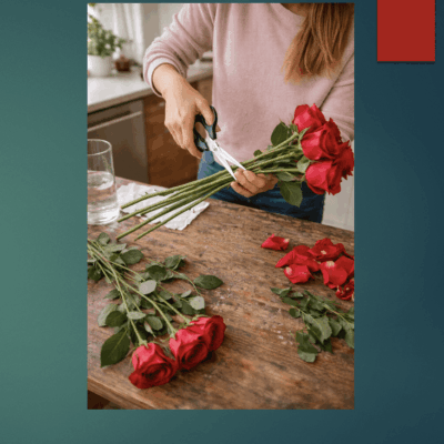 Person trimming rose stems on a wooden table.